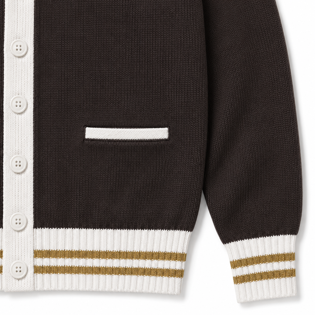 Charcoal brown knit cardigan cuff and hem with white ribbing, two gold stripes and clean pocket finishing