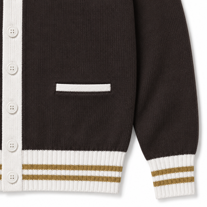 Charcoal brown knit cardigan cuff and hem with white ribbing, two gold stripes and clean pocket finishing