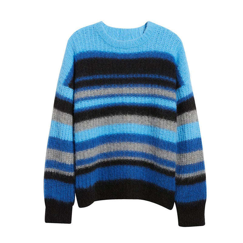 Front view of custom striped mohair knit crew neck pullover sweater in blue and grey