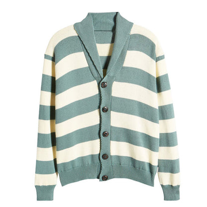 Isolated view of a custom stripe cardigan with green and cream stripes, made from 100% cotton and featuring a turn-down collar.