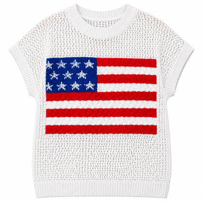 Flat lay of white short sleeve knit sweater with American flag design