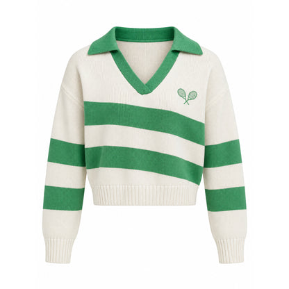 White women's V-neck knit cardigan with green stripes and ribbed trims