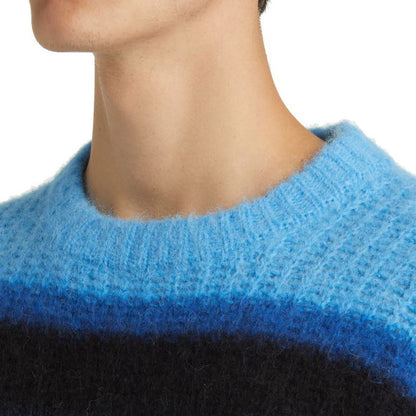 Close-up of the crew neck design on custom striped mohair knit pullover sweater