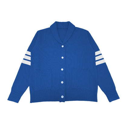 Blue cardigan with white triple sleeve stripes and two pockets – ideal for custom school or Greek apparel.