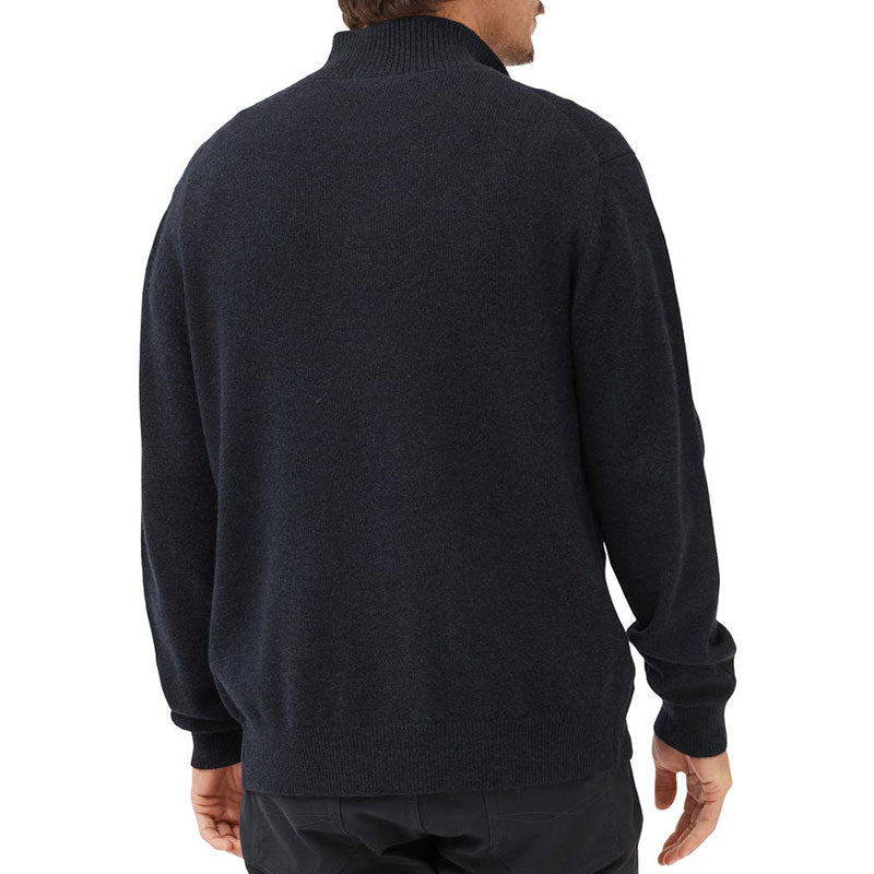 Back view of a dark navy blue custom cotton blend cardigan, displaying the solid color and fine knit details.