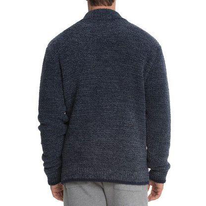 Back view of custom man cardigan sweater with shawl collar, solid knit, suitable for OEM/ODM manufacturing