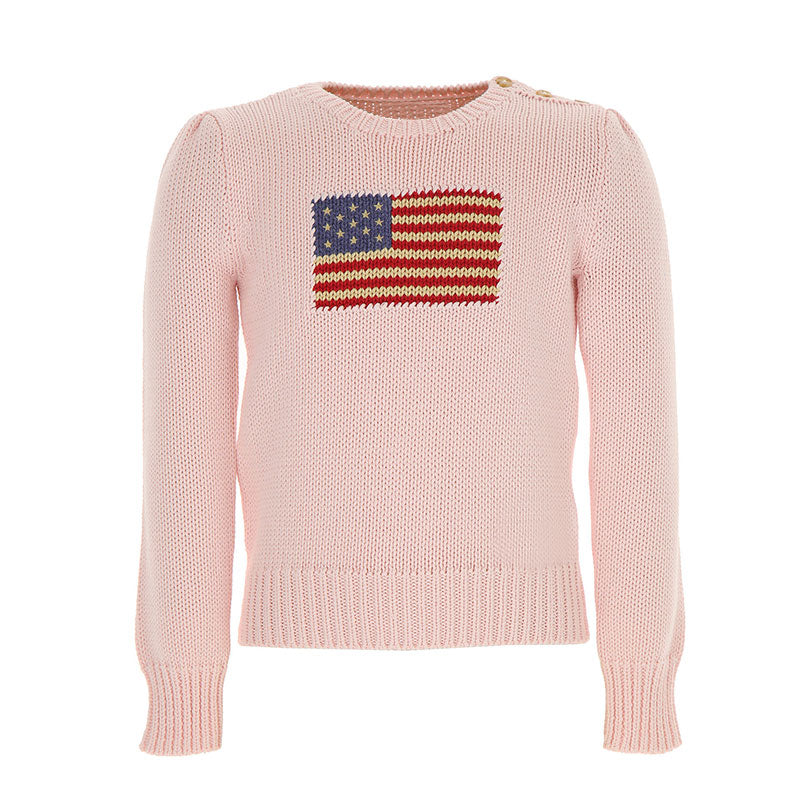 Front view of OEM/ODM 100% Cotton Women's Knit Pullover Sweater with Crew Neck, Ribbed Cuff and Hem, and American Pattern Jacquard