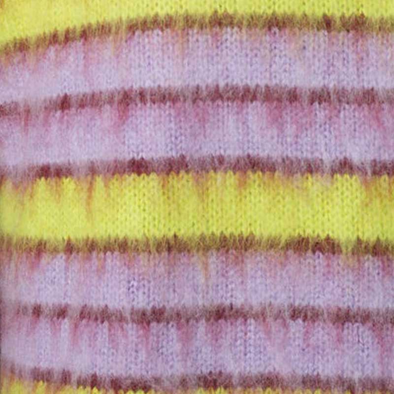 Texture detail of purple and yellow striped mohair knit sweater