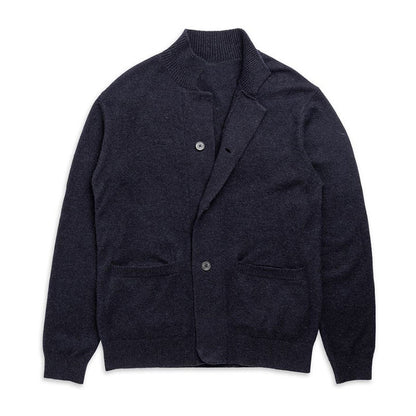 Front view of a custom cotton blend cardigan with pockets, featuring a dark navy blue color and button details.