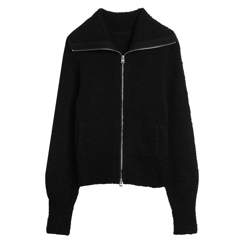 Black Custom Cotton Blend Women's Knit Cardigan Sweater with Zipper and Turn-down Collar