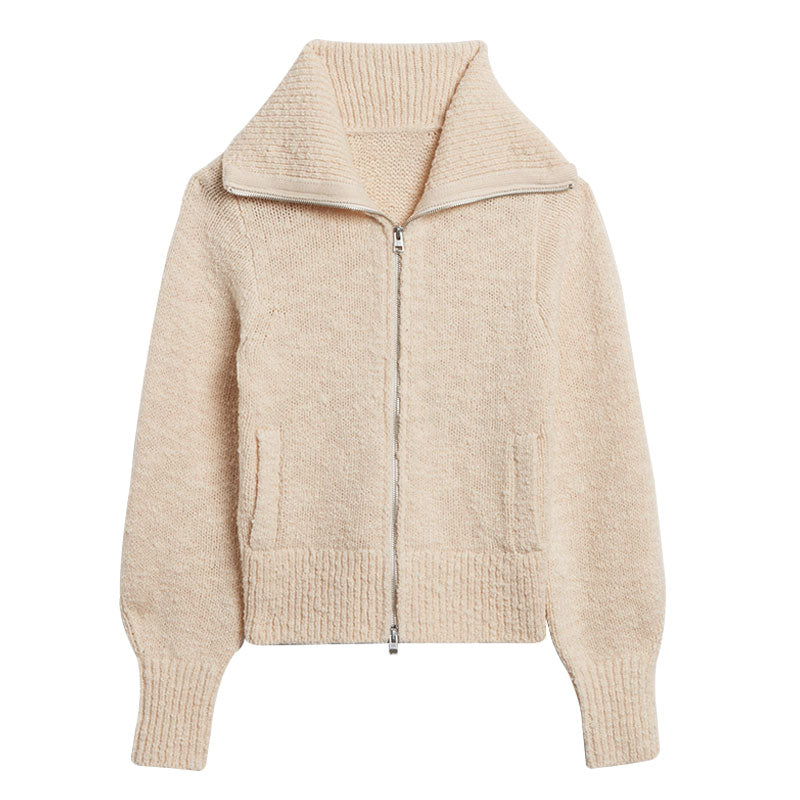 Beige Custom Cotton Blend Women's Knit Cardigan Sweater with Zipper and Turn-down Collar