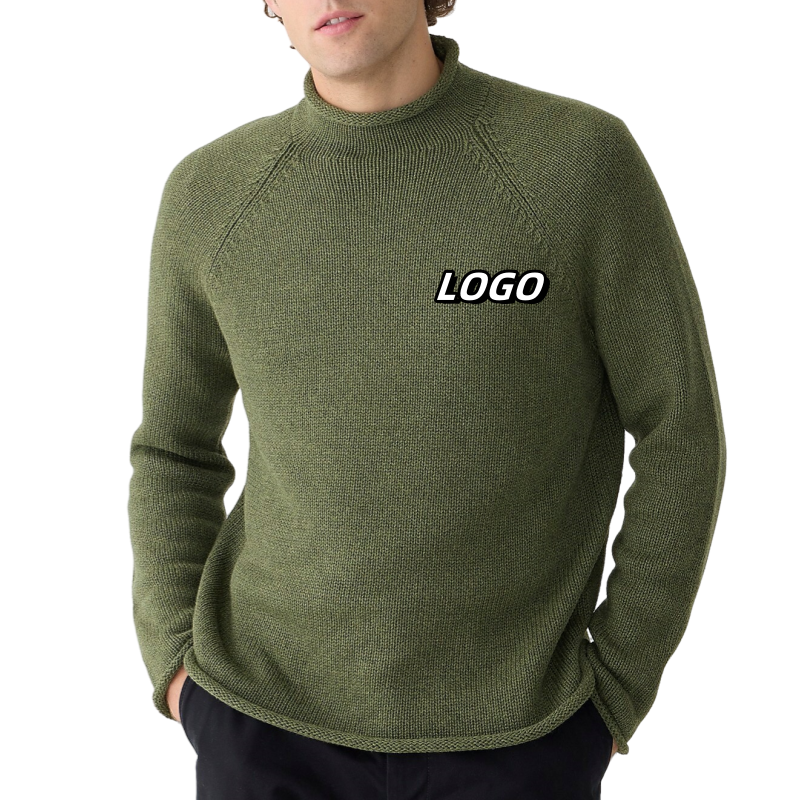 Model wearing a custom olive green roll neck knit sweater with a logo, ideal for OEM/ODM manufacturing.