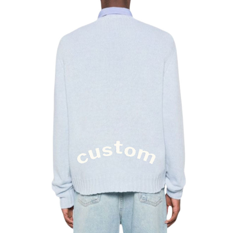 Back view of a custom light blue pullover sweater worn by a model, featuring the word "custom" on the back, suitable for OEM/ODM manufacturing.