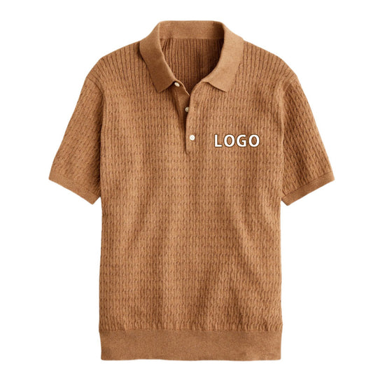 Flat lay image of a custom 100% cotton solid knit polo shirt with logo button design, featuring short sleeves.