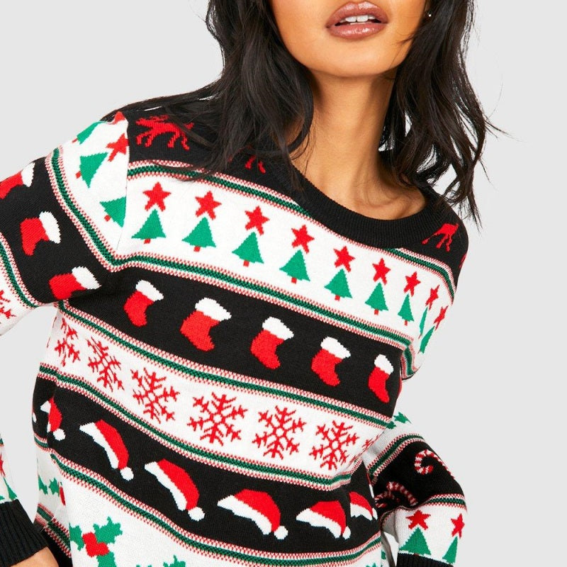 "custom-crewneck-woolly-vintage-knit-fairisle-sweater-front."Front view of a custom crewneck woolly vintage knit Fairisle sweater with festive design featuring Christmas trees, stockings, snowflakes, Santa hats, holly, and candy canes by PAPAGARMENT"