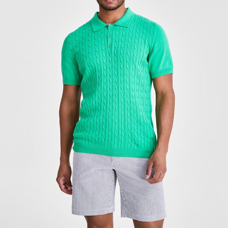 Front view of Custom Polo Collar Wool Men's Knitted Sweater in vibrant green with cable knit details.