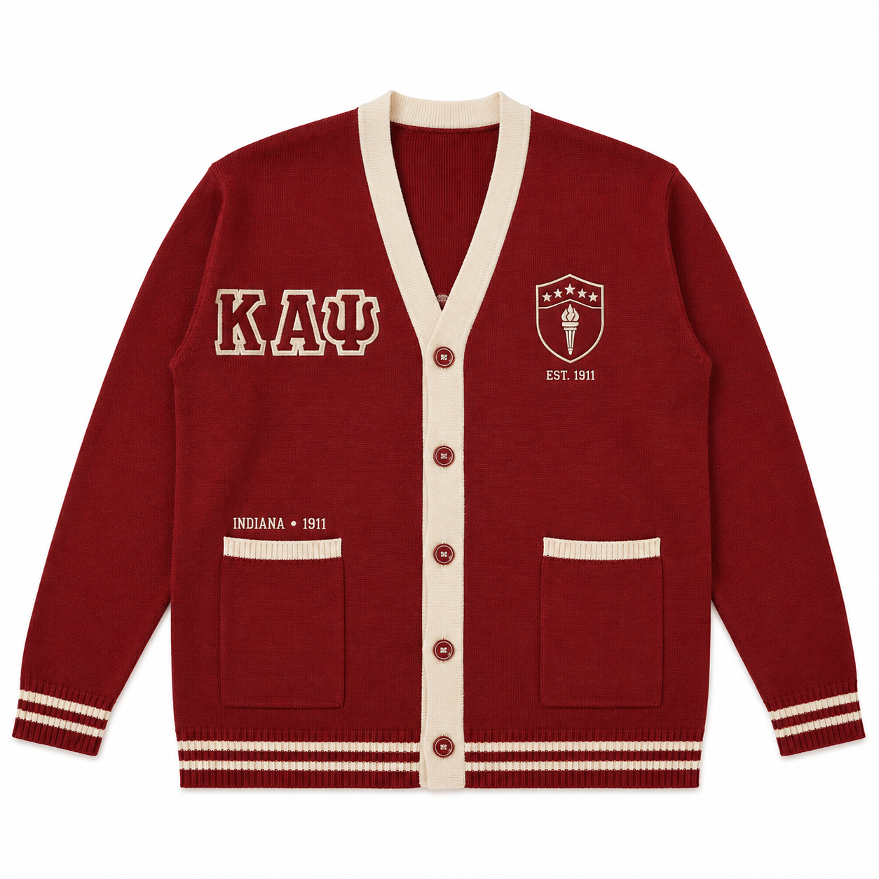 Kappa Alpha Psi red knit cardigan with cream trim and Greek letter embroidery