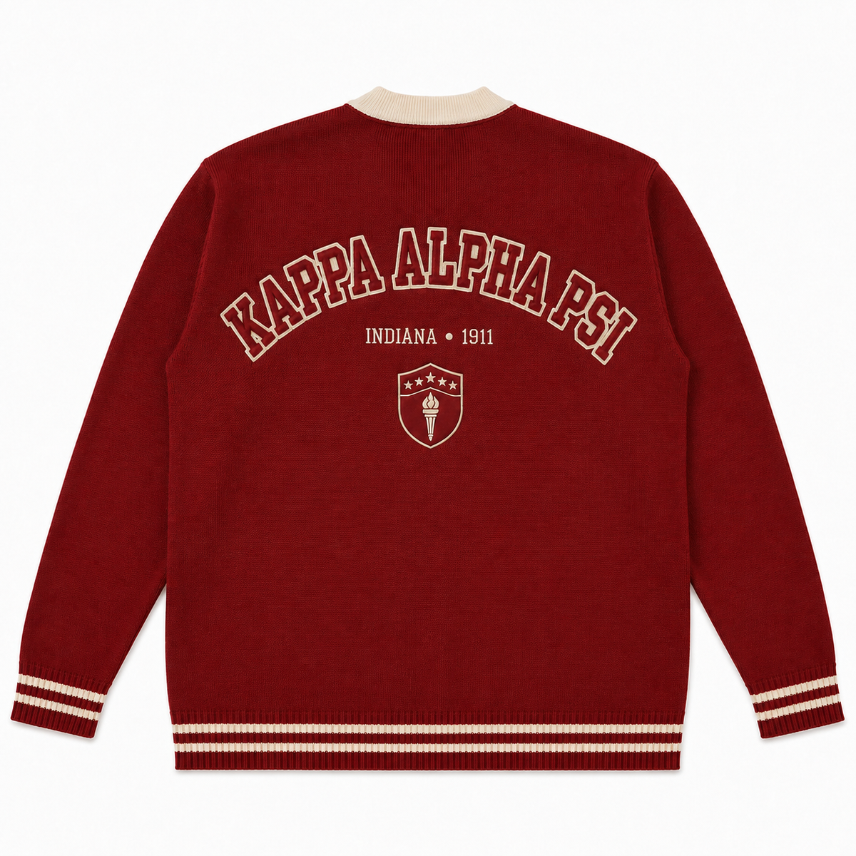 Kappa Alpha Psi red varsity cardigan with back Greek lettering and embroidered details