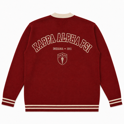 Kappa Alpha Psi red varsity cardigan with back Greek lettering and embroidered details