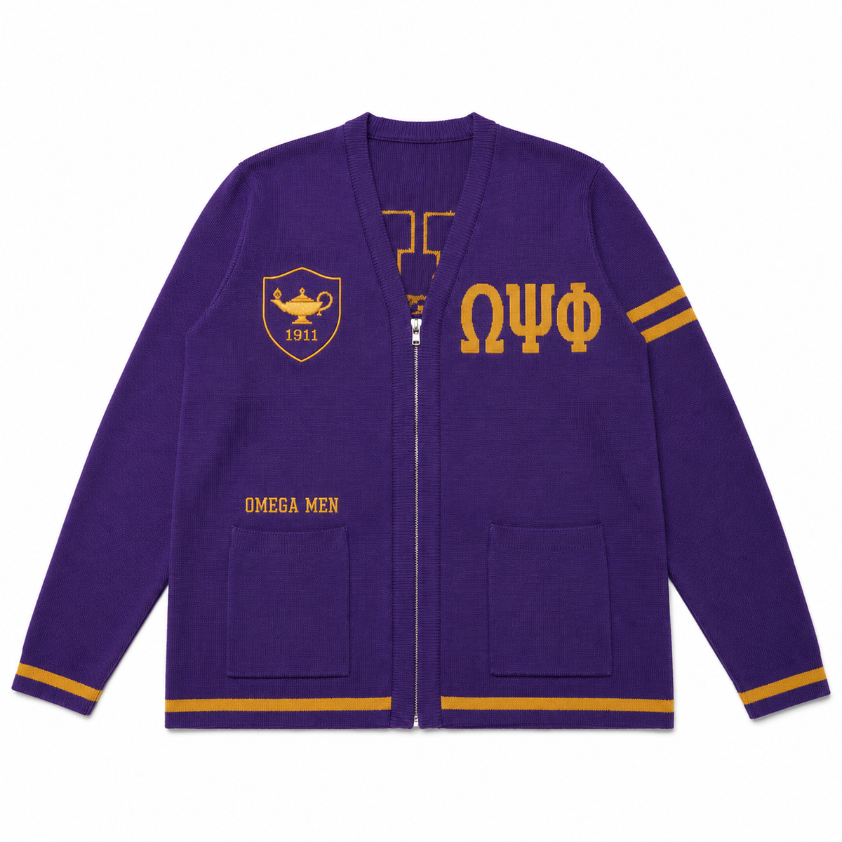 Omega Psi Phi royal purple Greek zip cardigan with gold ΩΨΦ letters, shield emblem, patch pockets and striped cuffs