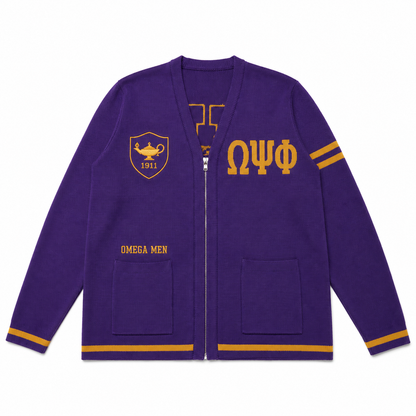 Omega Psi Phi royal purple Greek zip cardigan with gold ΩΨΦ letters, shield emblem, patch pockets and striped cuffs