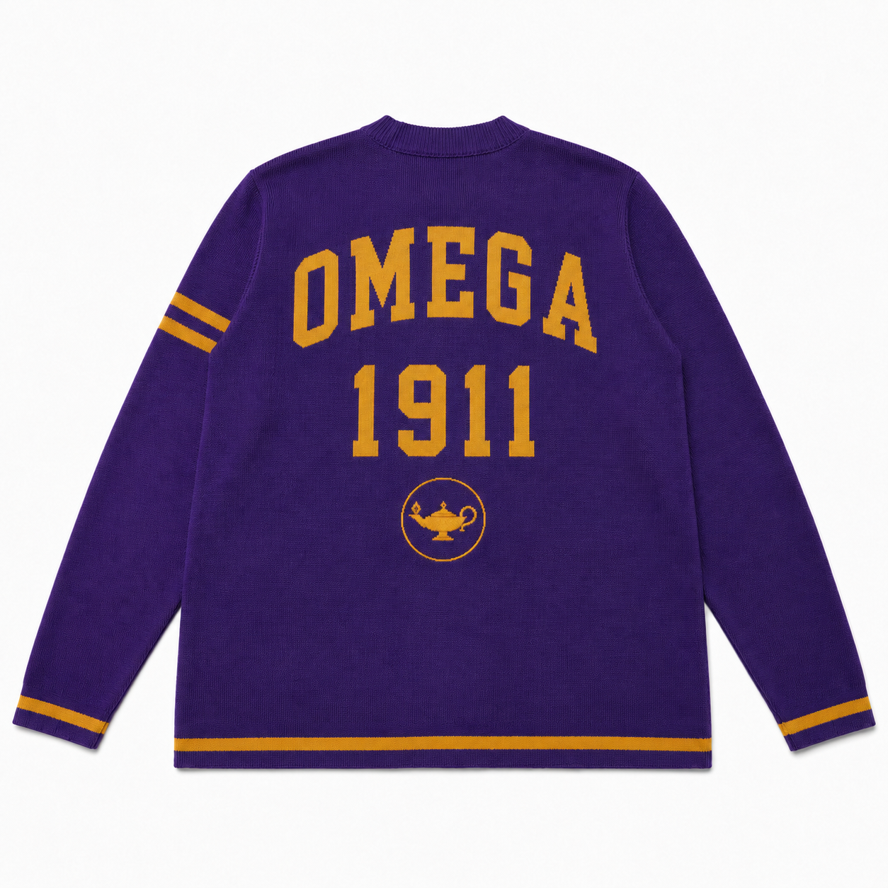 Purple Omega Psi Phi fraternity cardigan back with gold OMEGA 1911 lettering, lamp emblem and sleeve stripes