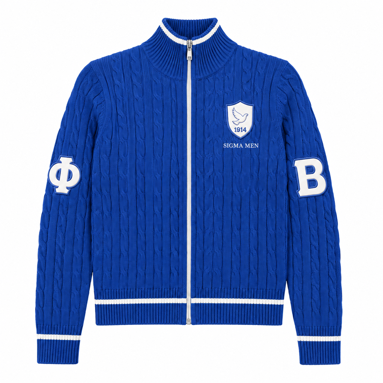 Royal blue cable-knit zip cardigan with white ΦΒ sleeve patches, dove shield and ribbed stripes 