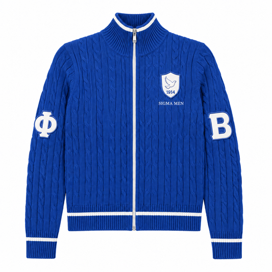 Royal blue cable-knit zip cardigan with white ΦΒ sleeve patches, dove shield and ribbed stripes 