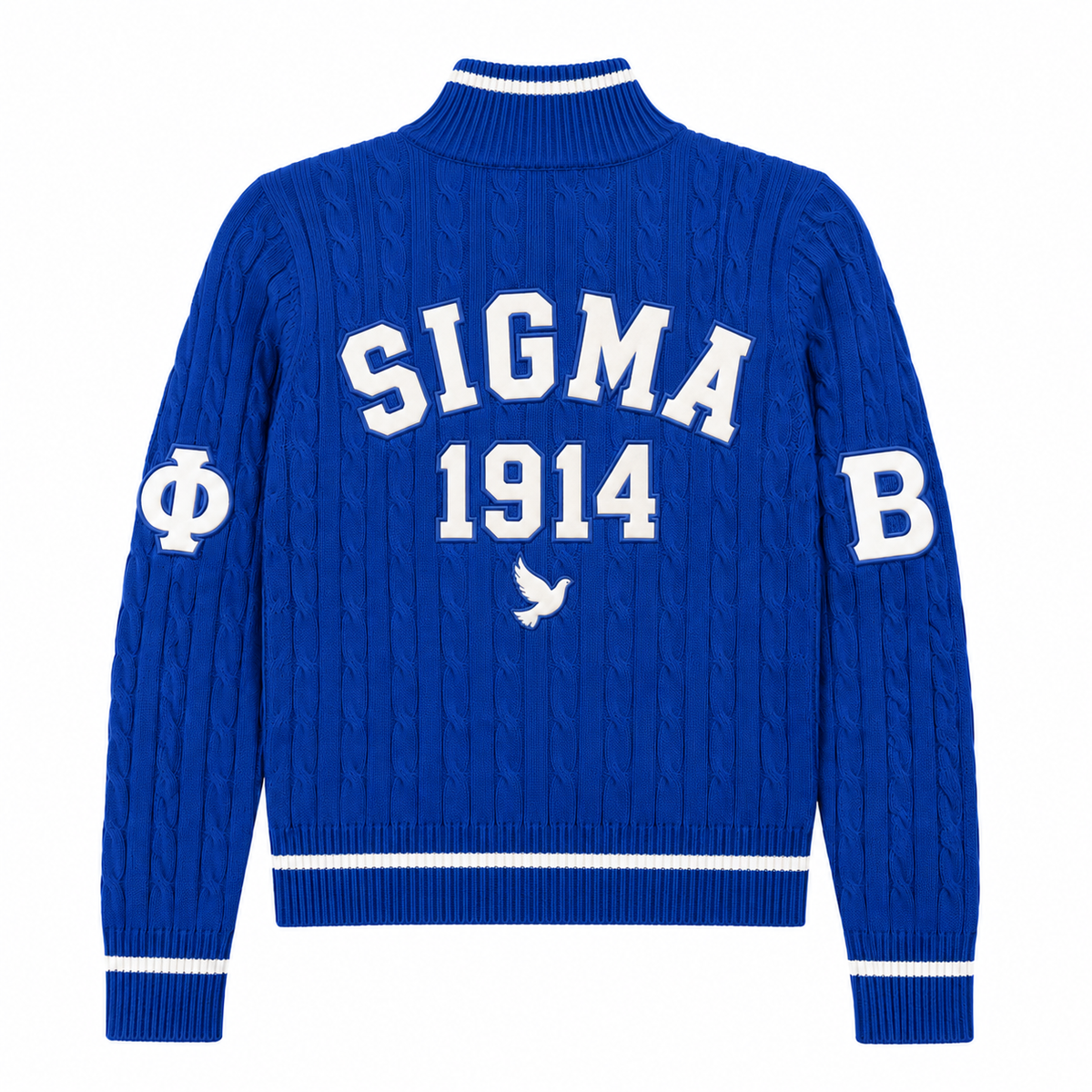 Blue fraternity cardigan back with white SIGMA 1914 lettering, dove emblem and matching sleeve patches 