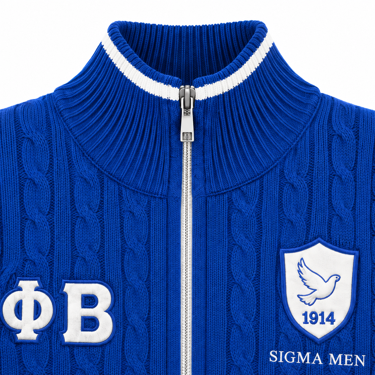 Close-up blue cable-knit stand collar with white stripe, silver zipper and white Greek letter patches 