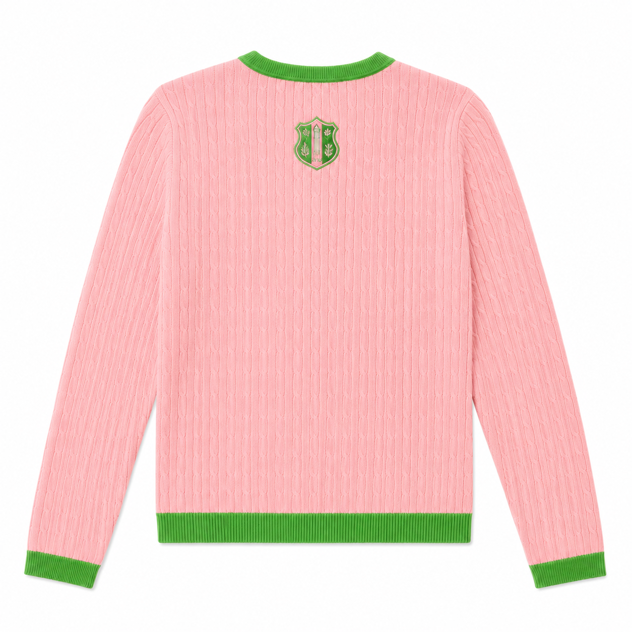 AKA salmon pink cable-knit cardigan back with apple green ribbed collar and hem