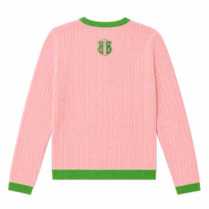 AKA salmon pink cable-knit cardigan back with apple green ribbed collar and hem
