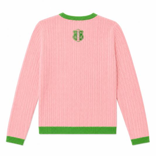 AKA salmon pink cable-knit cardigan back with apple green ribbed collar and hem