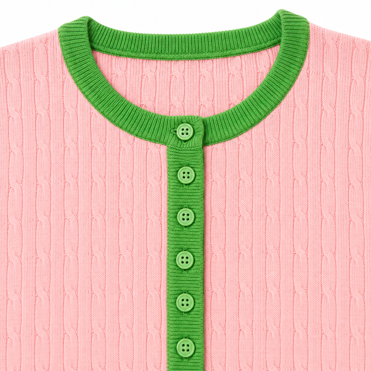 Close-up of apple green ribbed crew neck, button placket, and matching knit buttons 