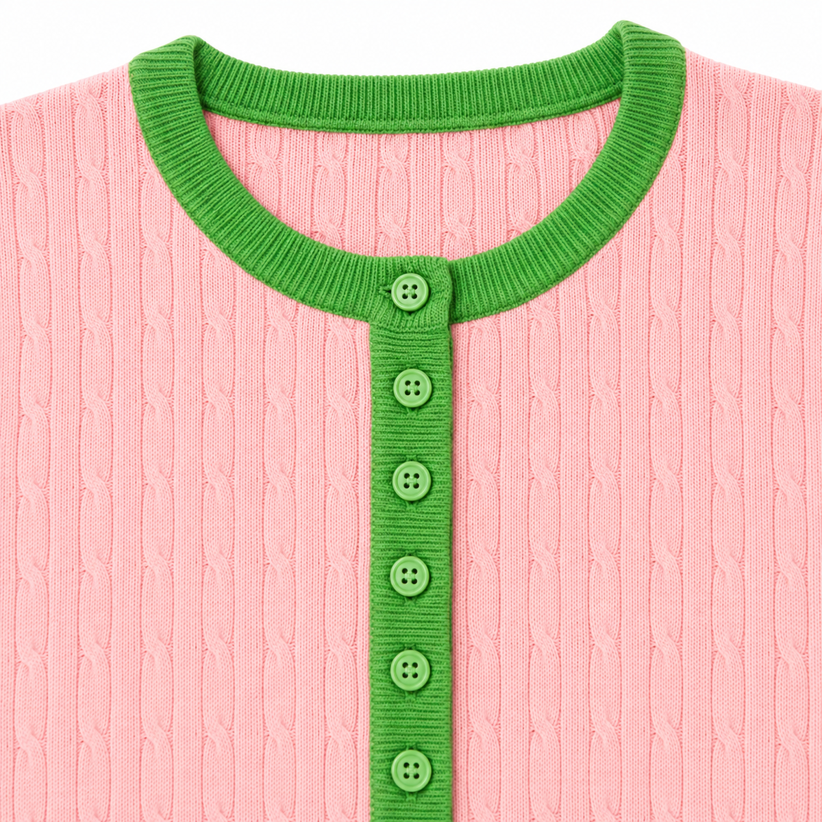 Close-up of apple green ribbed crew neck, button placket, and matching knit buttons 