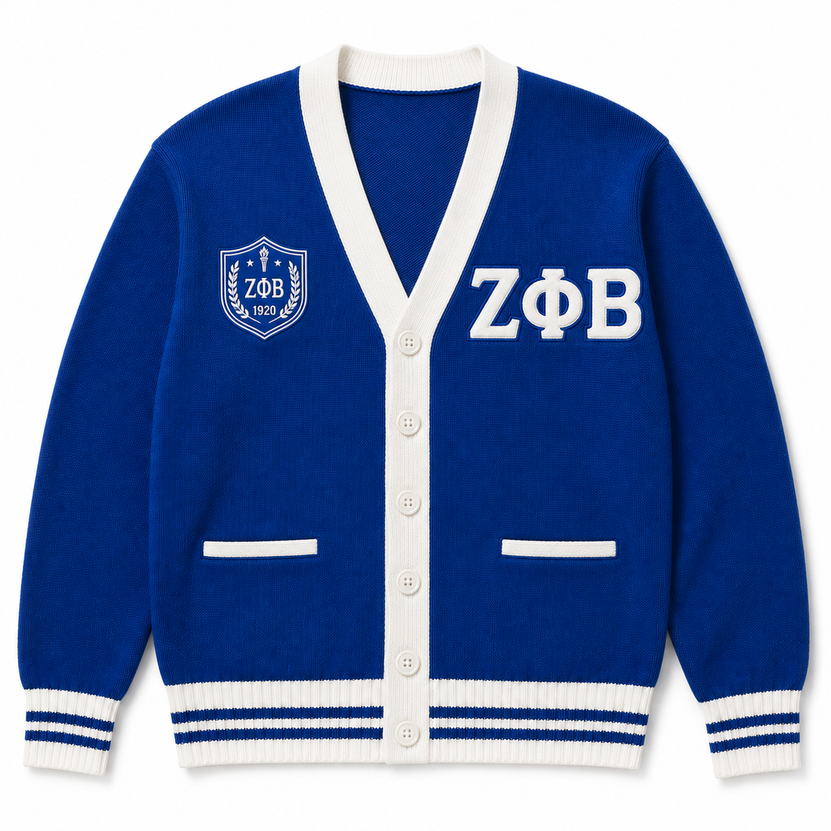 Zeta Phi Beta royal blue cardigan with white trim, Greek letters, striped ribbing, and shield crest 