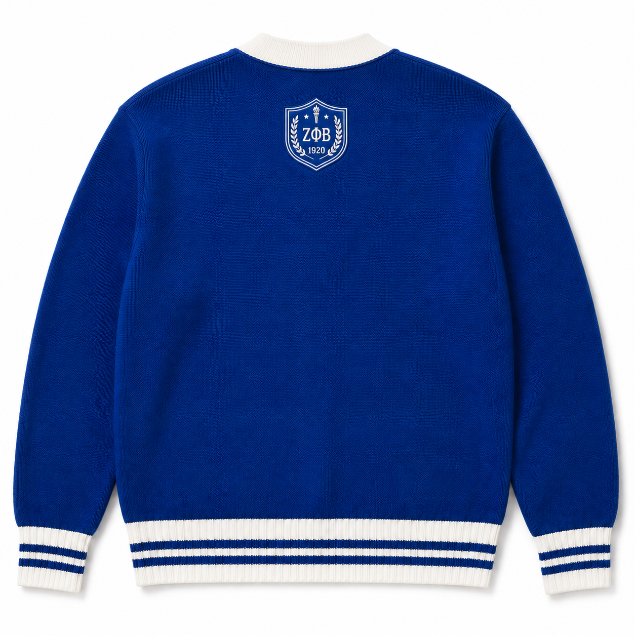 Royal blue Zeta Phi Beta cardigan back with white collar, striped hem, and centered crest 