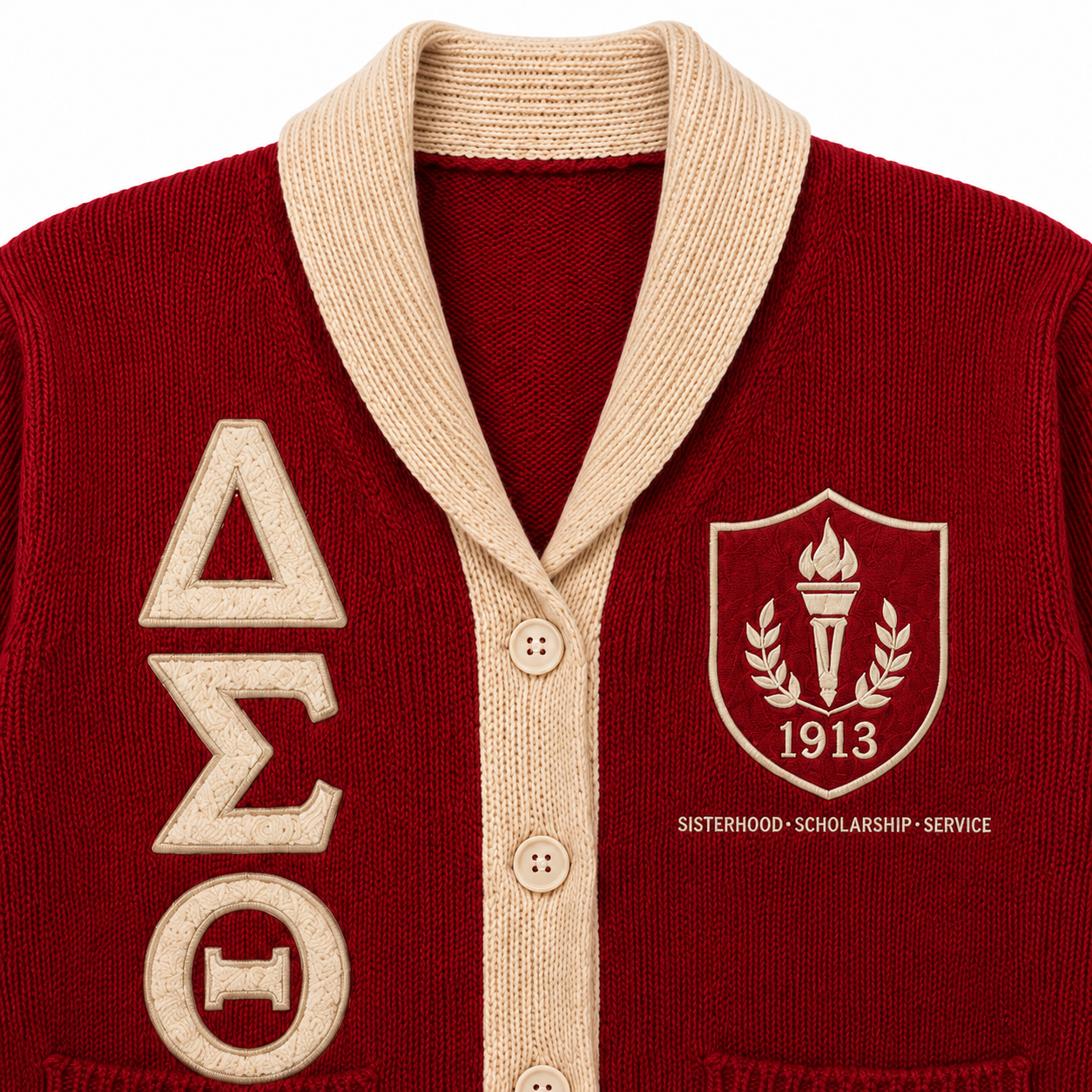 Close-up of red knit cardigan featuring white Greek letter embroidery, cream collar and button placket details