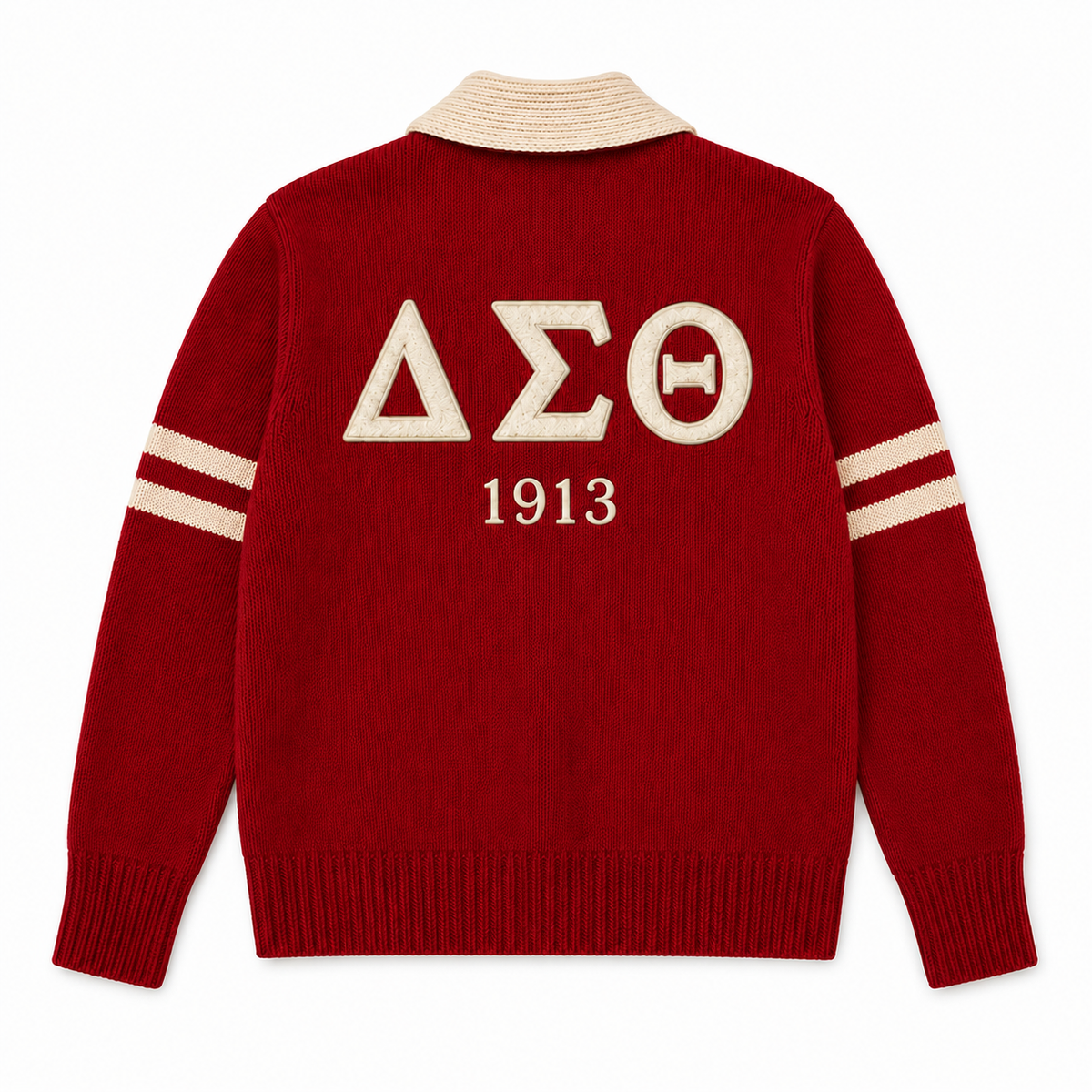 Red Greek letter cardigan with Delta Sigma Theta lettering and 1913 year embroidery on the back