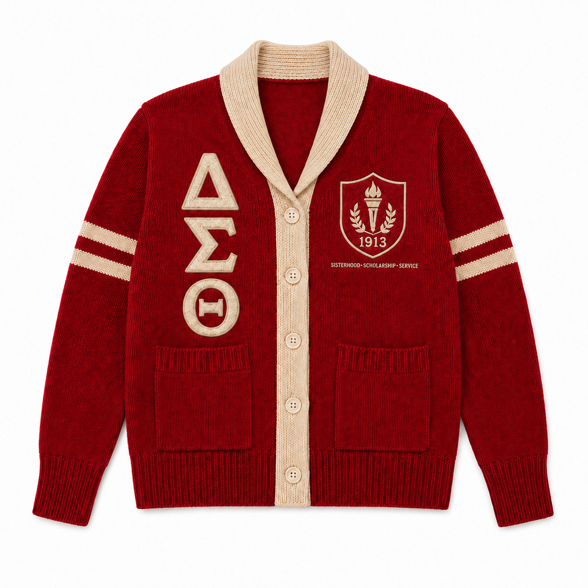 Delta Sigma Theta inspired red varsity knit cardigan with white Greek letters, striped trim and button-front design