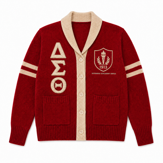 Delta Sigma Theta inspired red varsity knit cardigan with white Greek letters, striped trim and button-front design