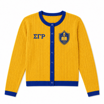Sigma Gamma Rho inspired yellow knit cardigan with royal blue trim, Greek letters embroidery and classic button-front style