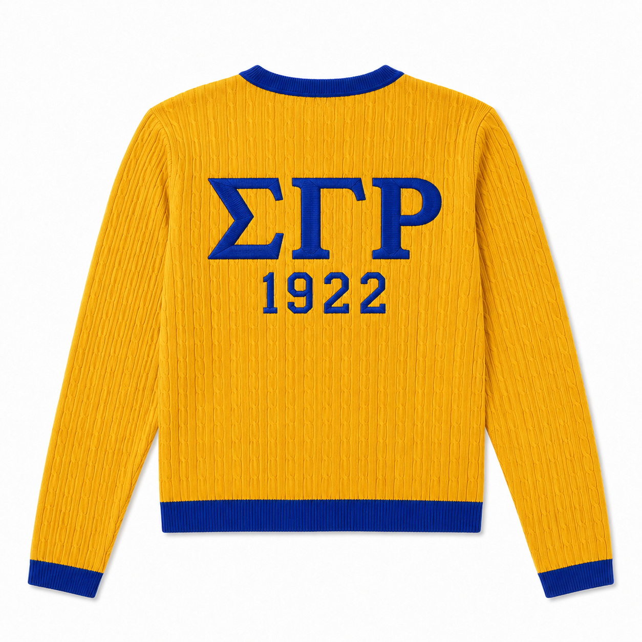 Yellow collegiate knit cardigan featuring ΣΓΡ Greek lettering and 1922 year detail on the back with blue accents