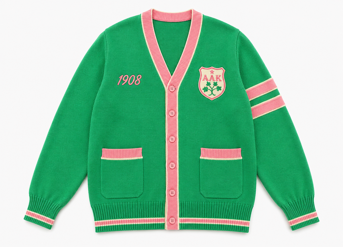 Green V-neck knit cardigan, pink rib trim & shield patch, vintage collegiate style