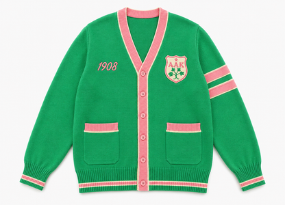 Green V-neck knit cardigan, pink rib trim & shield patch, vintage collegiate style