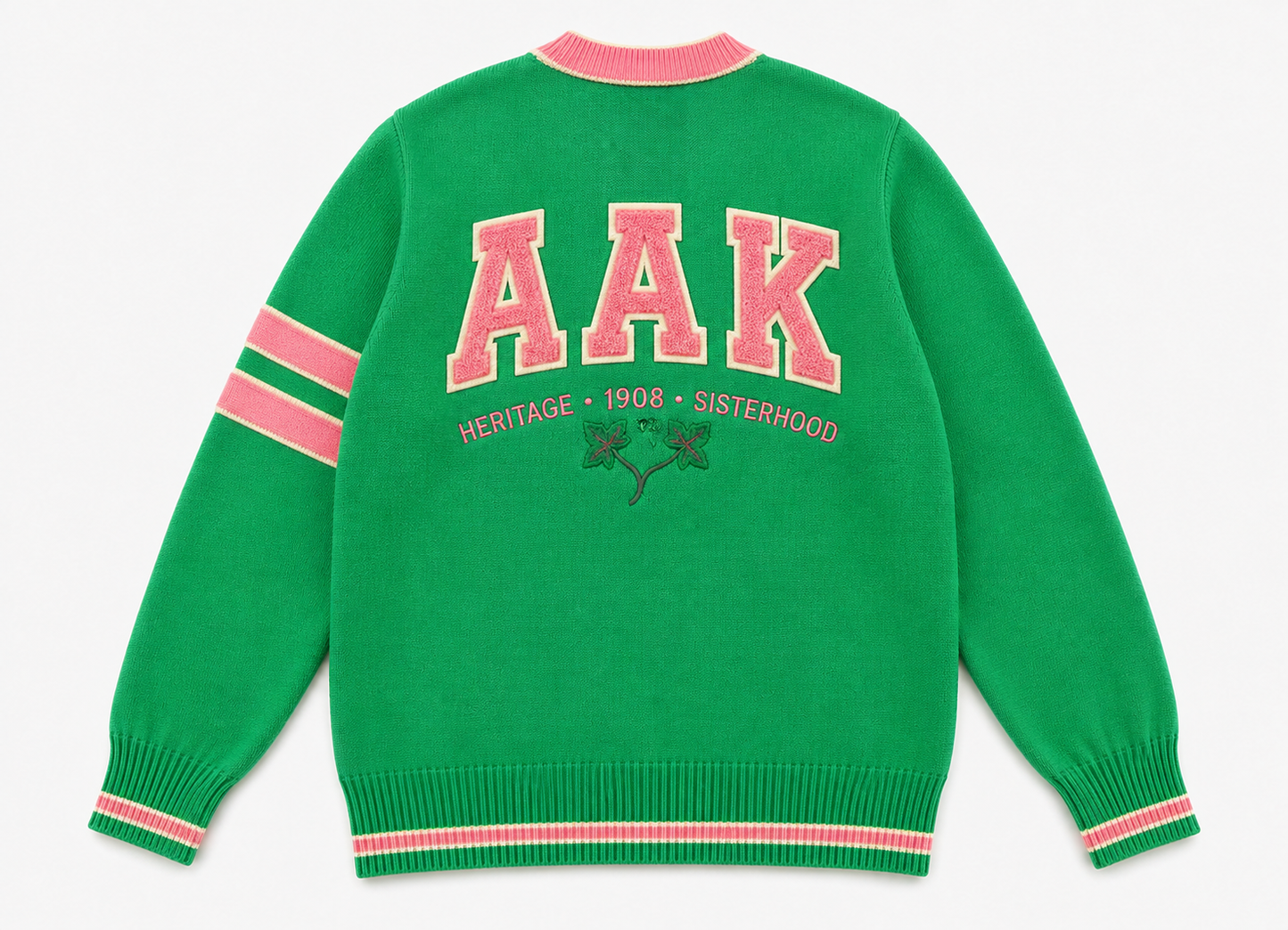 Green crew neck sweater, "AAK" print, pink rib cuffs & sleeve stripes
