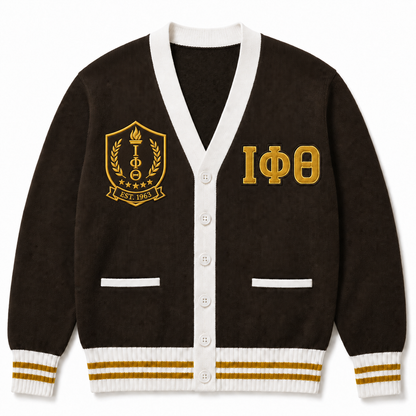 Charcoal brown Iota Phi Theta knit cardigan with white V-neck, gold ΙΦΘ letters, ornate shield and striped hem