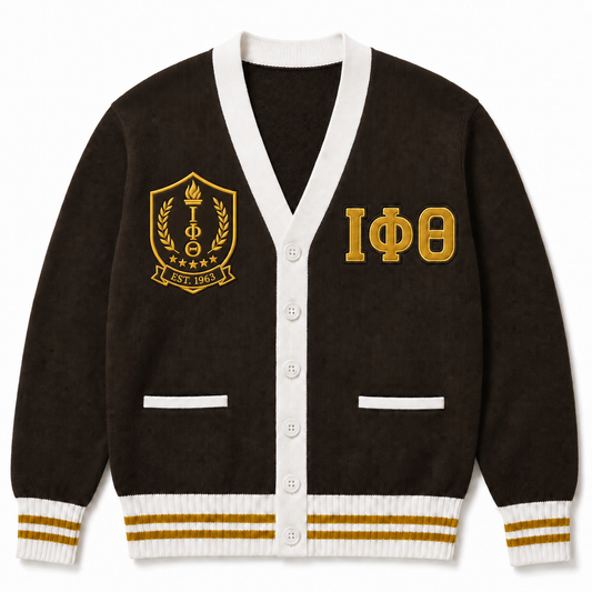 Charcoal brown Iota Phi Theta knit cardigan with white V-neck, gold ΙΦΘ letters, ornate shield and striped hem
