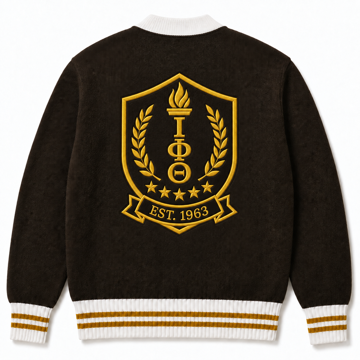 Brown fraternity cardigan back with large gold ΙΦΘ shield, IOTA 1963 lettering and white-gold ribbed stripes
