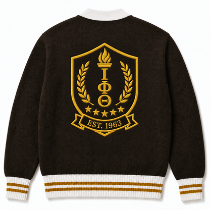 Brown fraternity cardigan back with large gold ΙΦΘ shield, IOTA 1963 lettering and white-gold ribbed stripes
